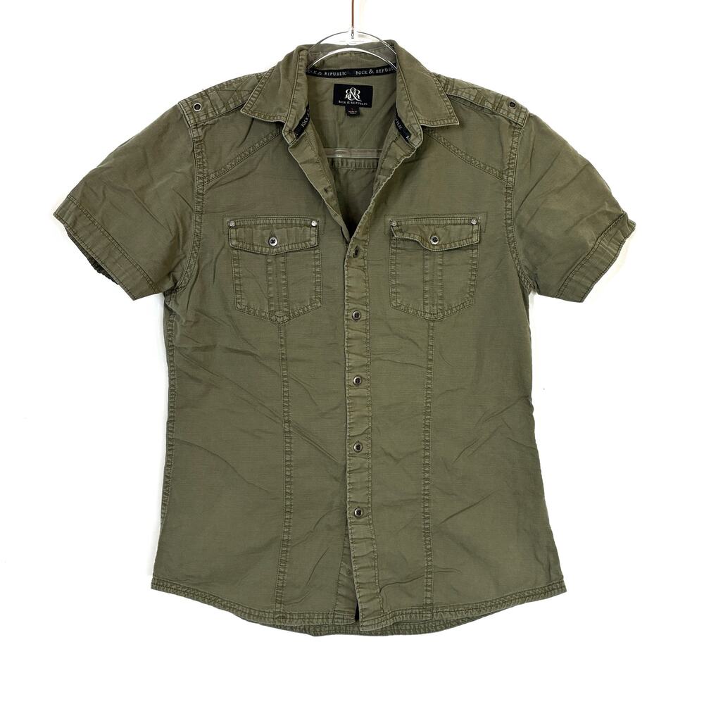 Rock & Republic Olive Green Button Front Cargo Utility Shirt Short Sleeve Mens S